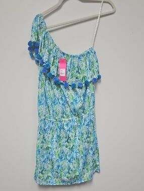 Lilly Pulitzer Blue and Green One-Shoulder Pom Pom Dress